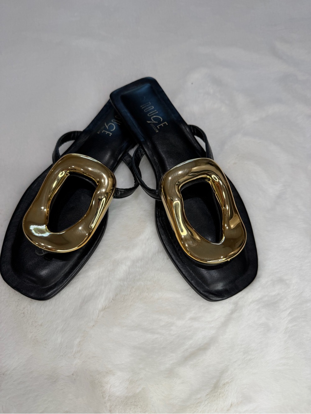 Rouge Helium Black Slide Sandals with Gold Accent Ornament Size 7